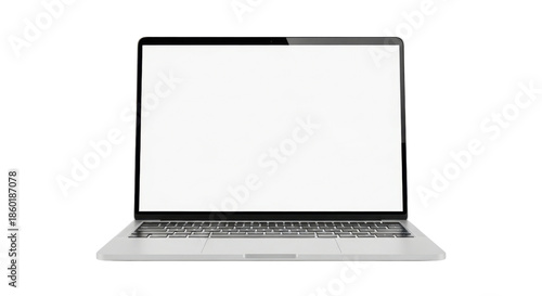 Silver laptop computer with blank white screen on black background technology device, Isolated On Png Transparent Background