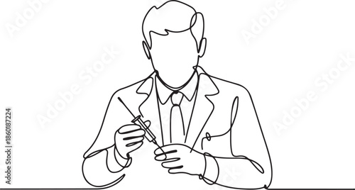 Single one line drawing man The doctor is preparing the injection equipment with anesthesia.one line vector illustration with out background