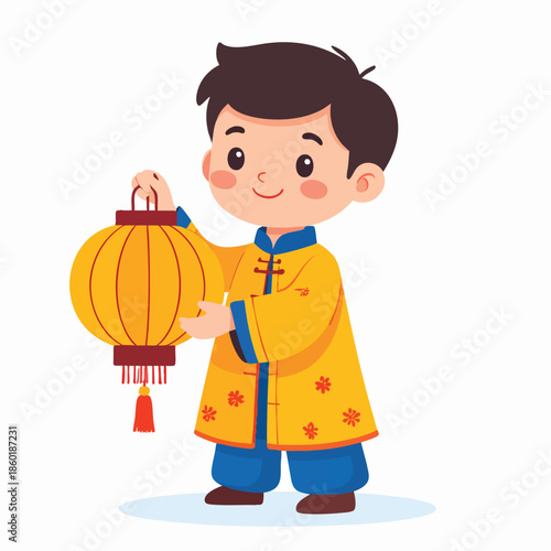 A young boy in traditional attire holding a vibrant lantern