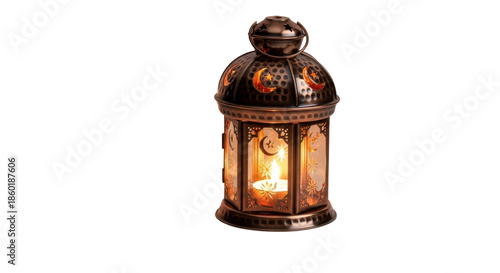 Ornate copper lantern with crescent moon and star cutouts glowing candle inside metal decorative, Isolated On Png Transparent Background