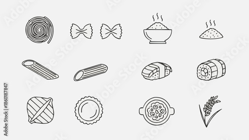 Collection of Hand Drawn Pasta and Rice Icons.