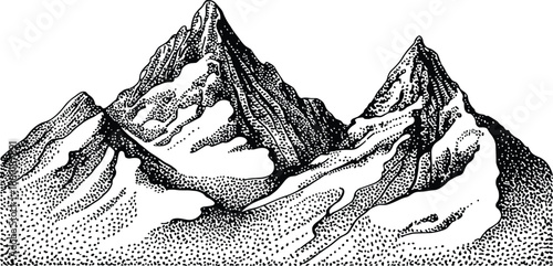 Black and white mountain illustration, hand drawn dotted engraving landscape, minimalist alpine peaks scenery, vintage sketch style nature artwork