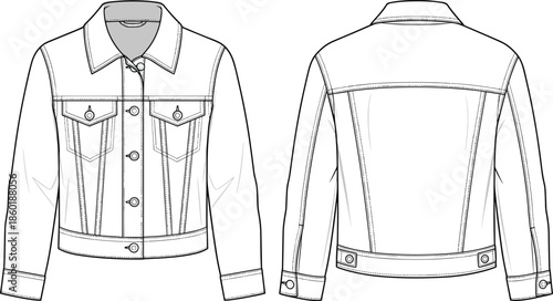 Classic denim jacket technical fashion design with button front chest pockets front and back view cad drawing flat vector illustration