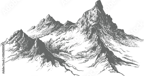 Hand drawn mountain landscape illustration, dramatic rocky peaks sketch, black and white nature scenery, vintage engraving style artwork