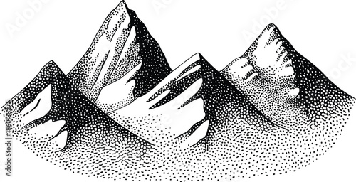 Black and white mountain illustration, hand drawn dotted engraving landscape, minimalist alpine peaks scenery, vintage sketch style nature artwork