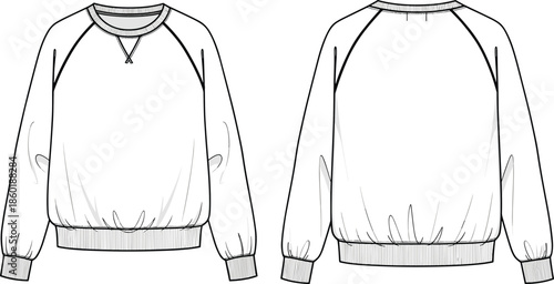 Crew neck sweatshirt technical fashion design with raglan sleeves front and back view cad drawing flat vector illustration