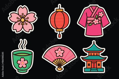 Traditional japanese icon set featuring lantern, kimono, sakura, tea, fan, and pagoda in cartoon style