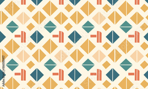 Seamless Geometric Diamond Pattern, Retro Argyle Style Background, Mid Century Modern Vector Texture in Mustard and Teal
