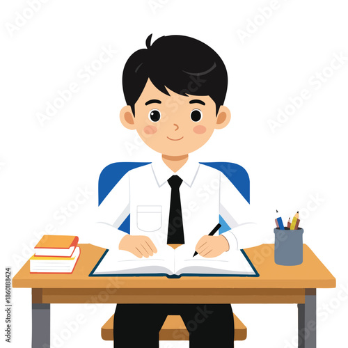 A young student sitting at a desk, writing in a notebook with pencils and books nearby