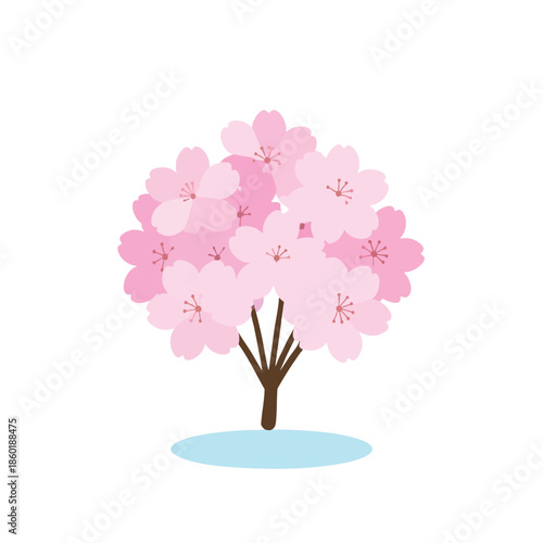 A blooming cherry blossom tree stands alone in a serene environment viewed from the front