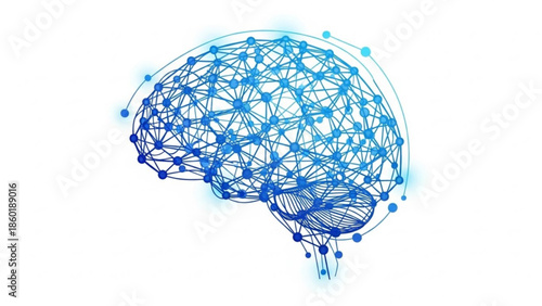 Blue brain network with glowing connections and nodes on white background for technology and science concepts