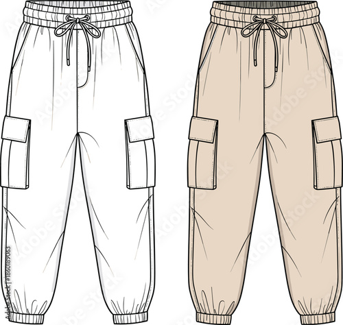 Men cargo jogger pants technical fashion design with elastic waistband drawstring utility pockets front view cad drawing flat vector illustration