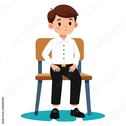 A young man sits alone on a chair, looking uncomfortable, in a simple, white background setting, viewed from the front.