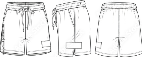 Men casual drawstring shorts technical fashion design with elastic waistband pockets front side back views cad drawing flat vector illustration