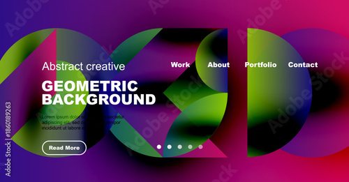 Vibrant website header design. Geometric shapes, bold text, navigation menu present. Modern aesthetic, colorful gradients dominate composition.
