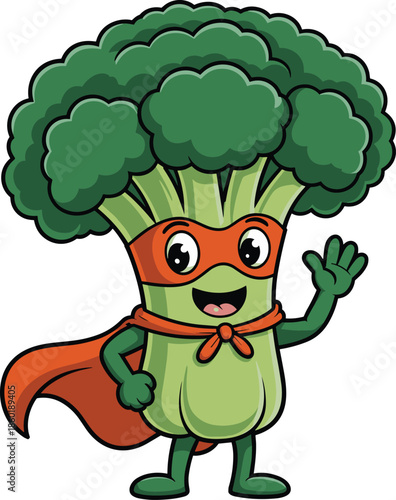 Funny cartoon broccoli superhero mascot wearing orange mask and cape waving hand isolated on white background for healthy food promotion,