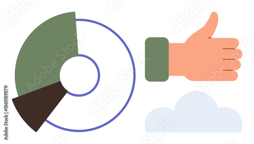 Donut chart, hand giving thumbs-up, and cloud shape emphasize approval, analysis, and simplicity. Ideal for business, success, teamwork feedback evaluation data trends. Simple flat metaphor