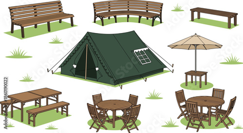 Outdoor camping furniture illustration with tent picnic tables benches chairs umbrella garden park equipment flat vector design collection