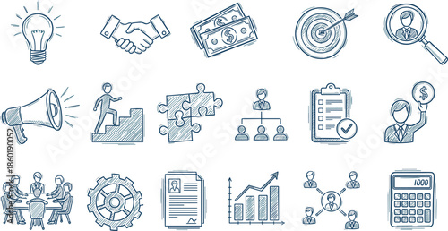 Business Strategy Line Icon Illustration Set Featuring Teamwork Finance Marketing Growth Analytics and Management Concepts Hand Drawn Vector