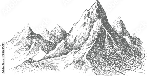 Hand drawn mountain landscape illustration, dramatic rocky peaks sketch, black and white nature scenery, vintage engraving style artwork