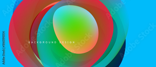 Abstract colorful layers create dynamic visual effect. Bright gradients blend, forming circular shapes against blue backdrop. Modern design element.