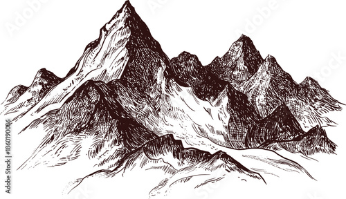 Hand drawn mountain landscape illustration, dramatic rocky peaks sketch, black and white nature scenery, vintage engraving style artwork