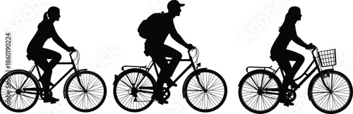 People riding bicycles silhouettes men and women cycling urban transport eco friendly lifestyle motion black isolated illustration set