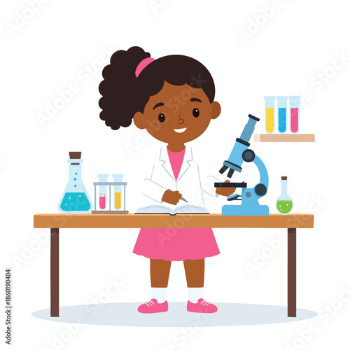 Young girl conducting scientific experiment in laboratory setting with various equipment