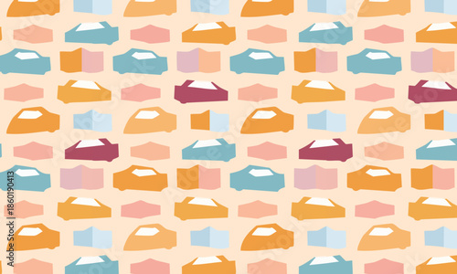 Seamless Retro Car Pattern, Cute Minimalist Vehicle Background, Colorful Transport Vector for Nursery and Kids