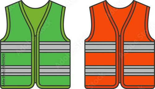 Green and Orange Safety High Visibility Vests Vector Set