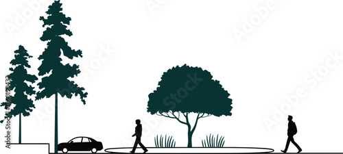 Minimalist park landscape illustration, people walking along pathway with trees car, urban nature scene, outdoor public space design