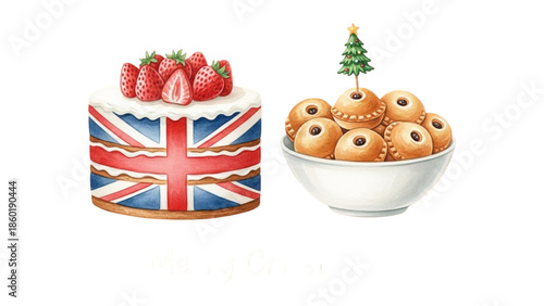 Traditional british cake and christmas mince pies celebrating the festive season isolated on transparent background