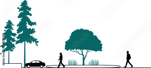 Minimalist park landscape illustration, people walking along pathway with trees car, urban nature scene, outdoor public space design