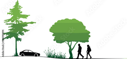 Minimalist park landscape illustration, people walking along pathway with trees car, urban nature scene, outdoor public space design