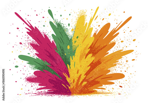Vibrant color splash. Powder explosion for Holi festival. Variety of colors, pink, green, yellow, and orange