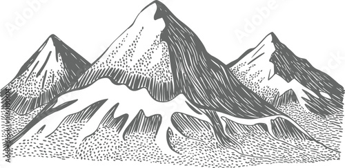 Black and white mountain illustration, hand drawn dotted engraving landscape, minimalist alpine peaks scenery, vintage sketch style nature artwork