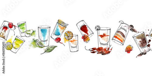 Blue Kamikaze, Flatliner, B-52, espresso coffee or dark beer, appletini and lemon shot. Seamless watercolor and ink banner of drinks hand drawn for nightclub menu headers, wrapping strips, or invites.