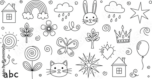 Cute Hand Drawn Doodle Icon Illustration Set Featuring Animals Nature Symbols and Fun Childlike Elements Black Vector