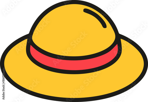 Yellow Round Straw Hat with Red Ribbon Band Cartoon