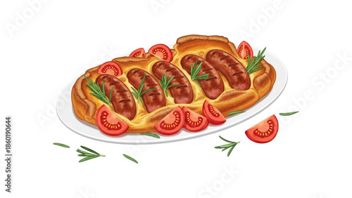 Classic british toad in the hole featuring savory sausages, fresh tomatoes, and aromatic rosemary isolated on transparent background