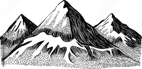 Black and white mountain illustration, hand drawn dotted engraving landscape, minimalist alpine peaks scenery, vintage sketch style nature artwork