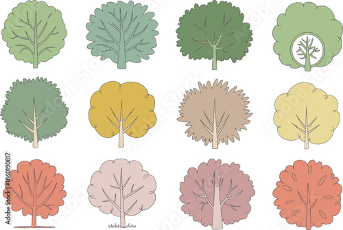 Stylized tree canopy illustration set, top view forest foliage collection, colorful seasonal nature elements, flat vector design, landscaping assets