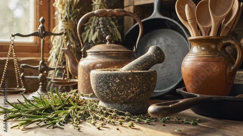 Rustic kitchen utensils herbs and spices on wooden table