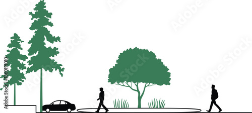 Minimalist park landscape illustration, people walking along pathway with trees car, urban nature scene, outdoor public space design
