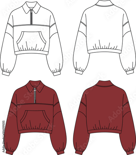 Fashion technical flat sketch set, womens denim jeans, pajama loungewear sets, and quarter zip hoodie templates, vector apparel CAD design mockups,