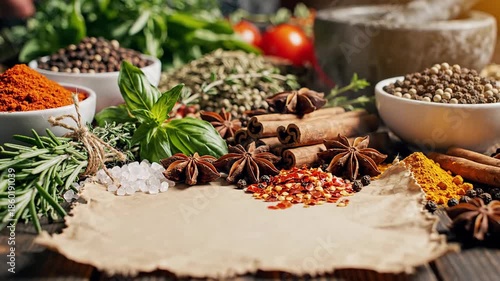 Variety of spices displayed with hands adding seasoning on wooden surface