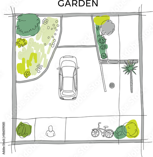 Top view garden layout sketch illustration, residential outdoor plan with plants driveway car bicycle, minimalist landscape design concept