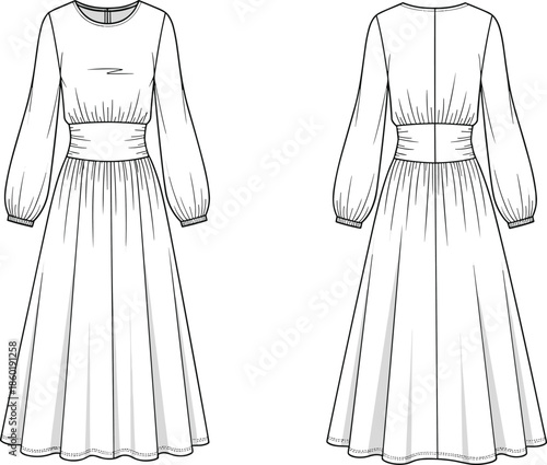 Women long sleeve maxi dress technical fashion design with gathered waist front and back view cad drawing flat vector illustration