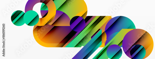 Abstract geometric shapes overlap, creating vibrant colorful composition. Circles, rectangles intersect, forming dynamic visual pattern.