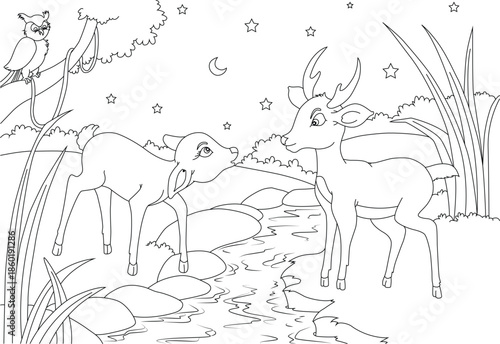 Cute cartoon made by hand drawn vector Bambi fairy tales story outline.